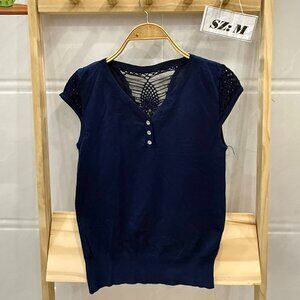 Navy Blue Crochet Mesh Yoke V-Neck Knit Top Rhinestone Buttons 💙✨